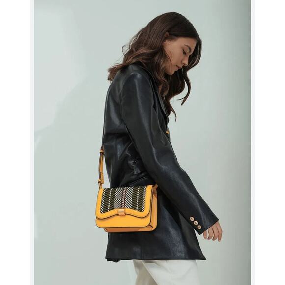 Charles & Keith Faux Leather  Woven Fabric Crossbody Mustard Yellow Small Purse - Picture 1 of 15